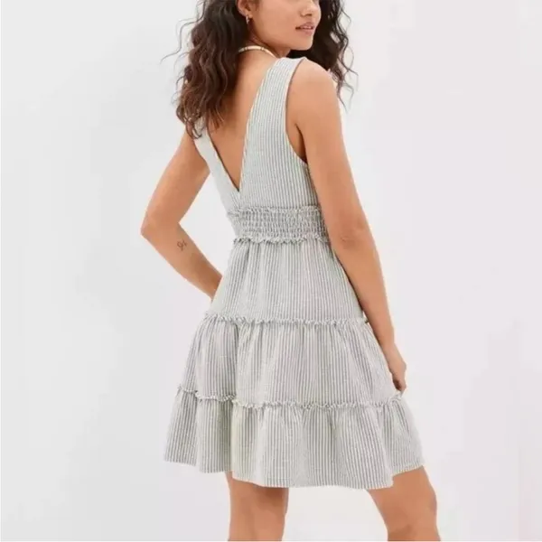 American Eagle Outfitters Sage Stripe V-Neck Tiered Midi Dress - Image 2