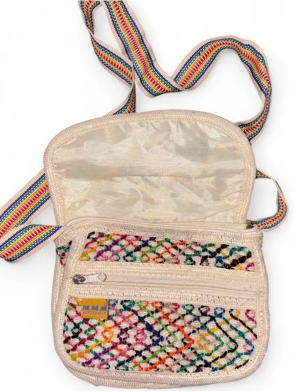 Cream Multicolor Woven Crossbody Bag with Rainbow Strap Pink - Image 2