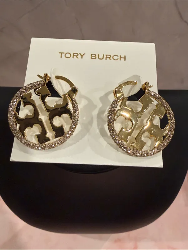 Tory Burch | Gold Plated Logo Crystal-Trim Hoop Earrings - Image 3