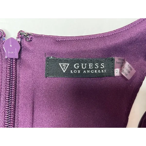 Guess Plum Purple Sweetheart Neck Sheath Dress Asymmetrical Scuba Embossed sz 2‎ - Image 4