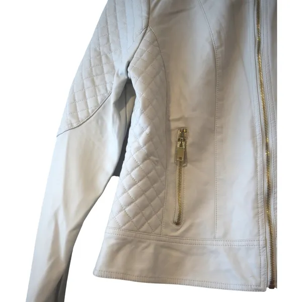 Giacca Moto Jacket‎ Women Medium Off-White NEW Quilted Faux Leather Zip - Image 3