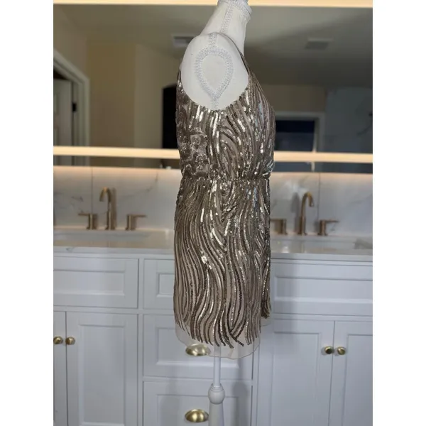 Sugar + Lip2 Sequin Mini Dress S Gold Champagne Cold Shoulder Keyhole Cocktail - Image 16