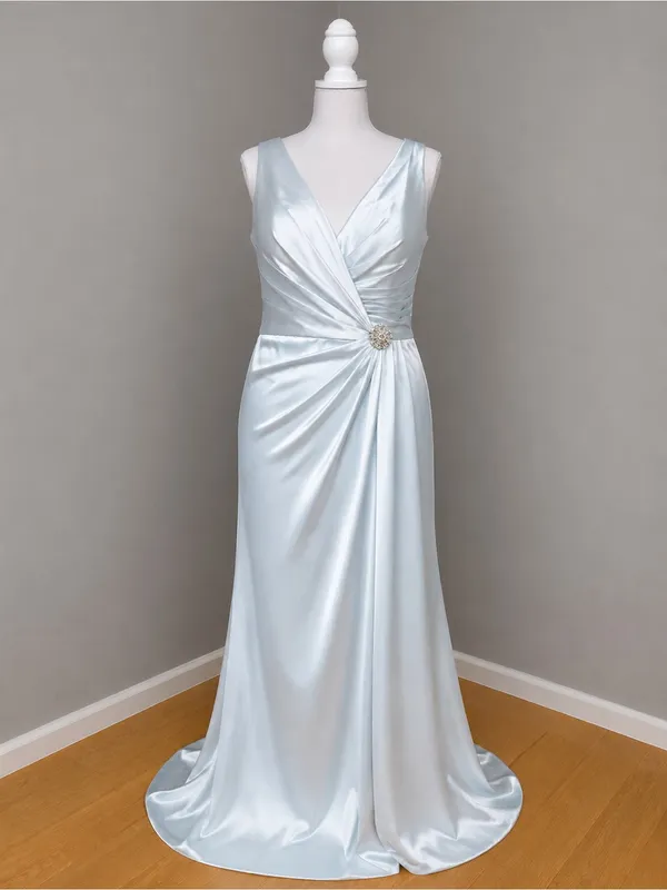 #225 Pale blue satin gown V-Neck Pleated Side Slit A-line Dress-XL/Size 14/16 - Image 6
