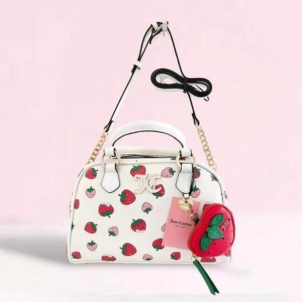 Juicy Couture White Sweet n Juicy LARGE Bowler Bag Satchel Strawberry Coin Purse - Image 4