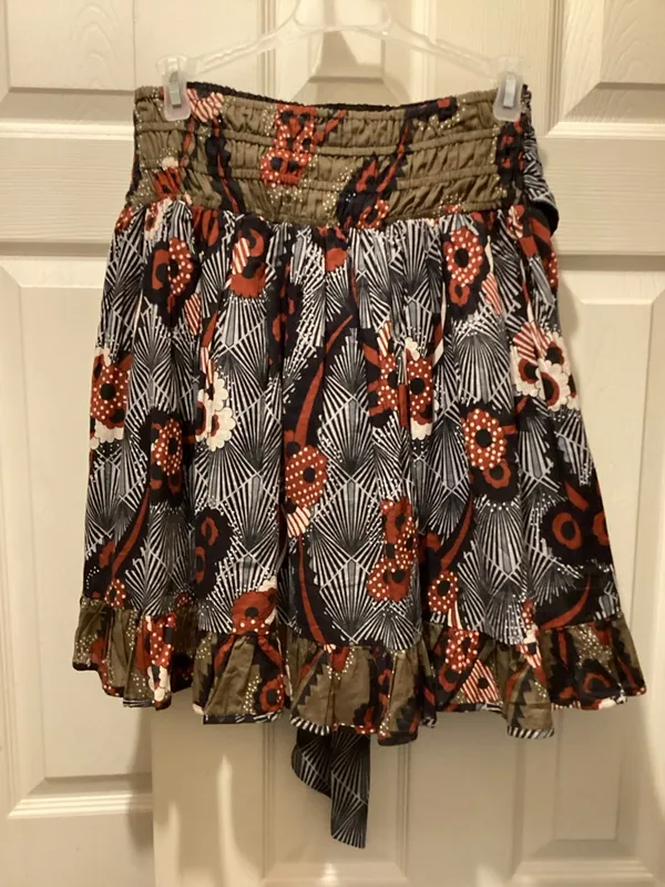 Anthropologie Mixed-Print Tiered Mini Skirt in Rust, Olive, Navy, Cream - Image 3