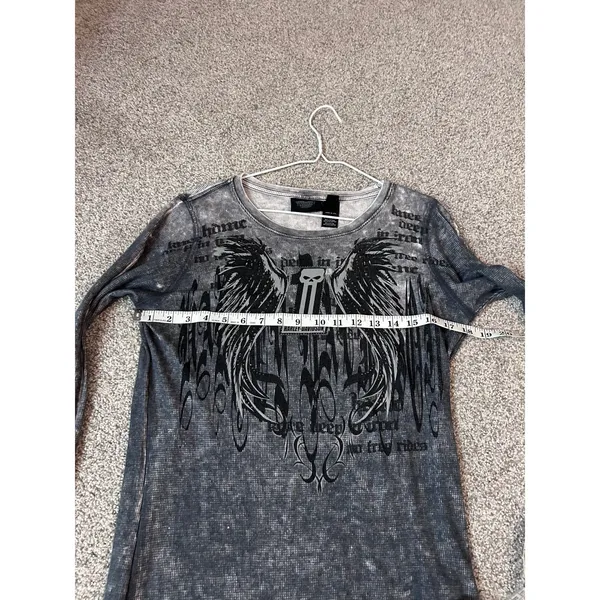 Harley Davidson Skull Wings Gray Acid Wash‎ Long Sleeve Top Womens L Biker - Image 6
