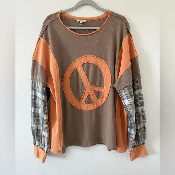NWT Easel Peace Patch Mixed Mineral Washed Colorblock Plaid Top size large - Image 4