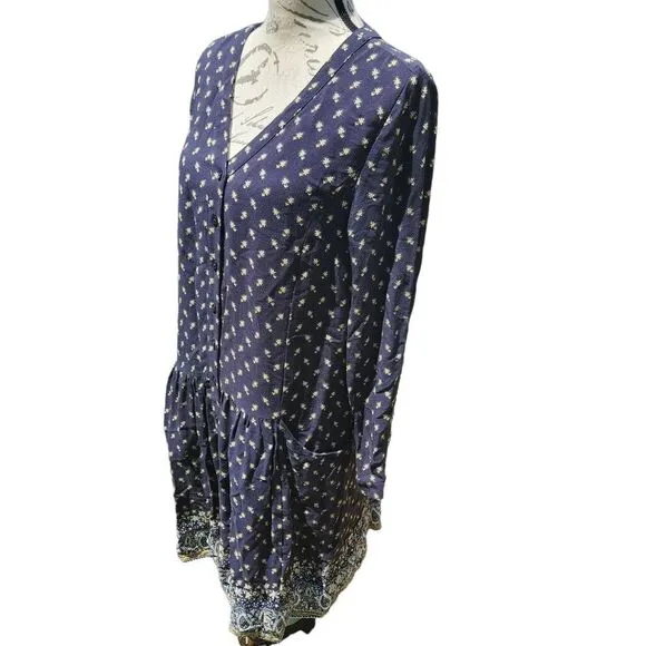 Garnet Hill Women's Dropwaist Button-Up Dress Long‎ Sleeve Boho Navy Floral 6 - Image 4