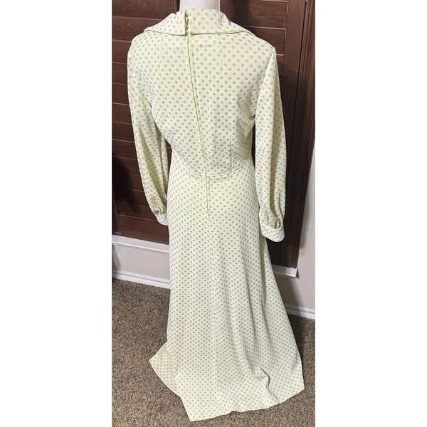 Vintage Maxi Dress 70s Yellow Polka Dot Homemade Prom Dagger Collar Mod‎ Sz S - Image 6