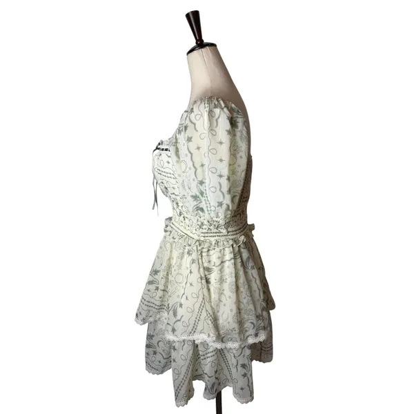Francescas Mini Dress Women Small Green Toile Western Print Smocked Tiered Boho - Image 6