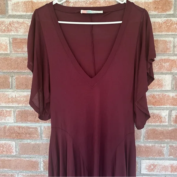 Free People Beach Asymmetrical Midi Dress Flutter Sleeves Women’s Small Maroon - Image 2