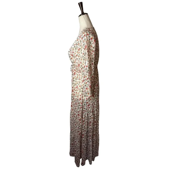 Pink Lily Floral Maxi Duster Women Small Ivory Tassel Boho Resort Cover Up Sheer - Image 4