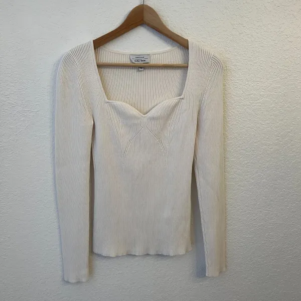 & Other‎ Stories Sweetheart Neckline Fitted Ribbed Knit Sweater M White - Image 2