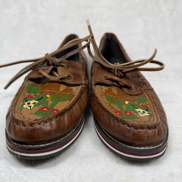 Roper Brown Leather‎ Hand Painted Cactus Skull Boat Shoes Moccasins 9 - Image 3