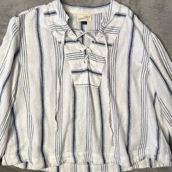 BOHO Flare Bell Sleeve Lace Up Tie Front Top Womens‎ L Striped Popover Cropped - Image 10