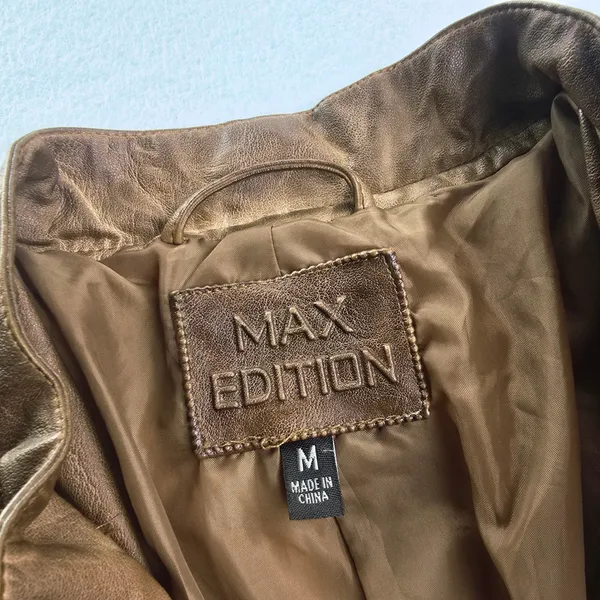 Max Edition‎ NWOT Womens Brown Faux Leather Quilted Moto Jacket Size Medium - Image 4
