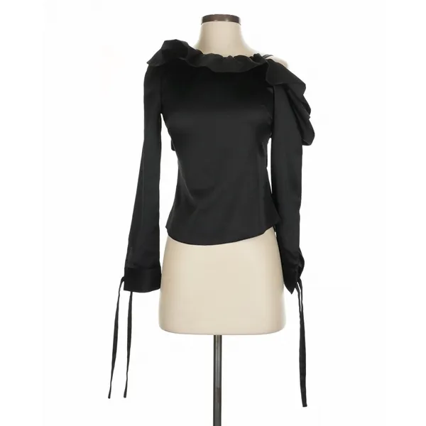 Osman Yousefzada Black Ruffle Cold Shoulder Satin Top Size 2 Whimsigoth Y2K - Image 2
