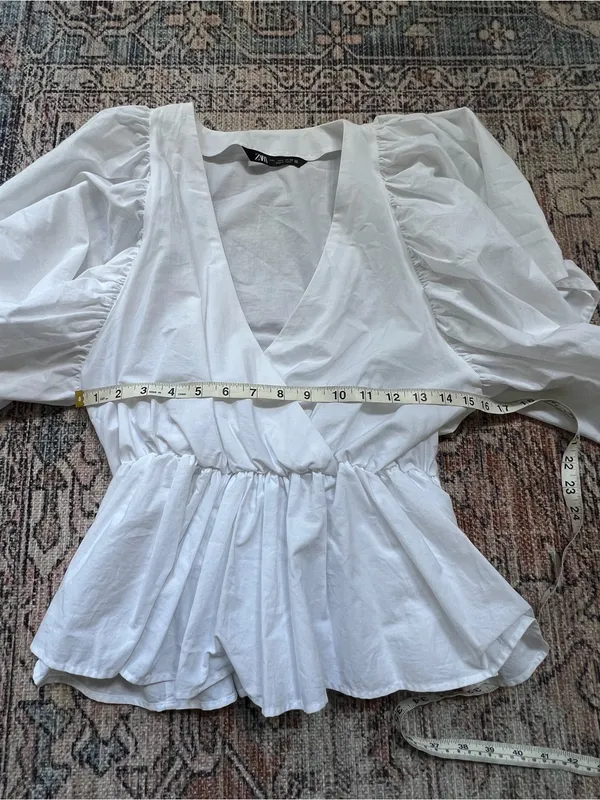 Zara White V-Neck Peplum Puff-Sleeve Blouse 100% Cotton Size Large - Image 6