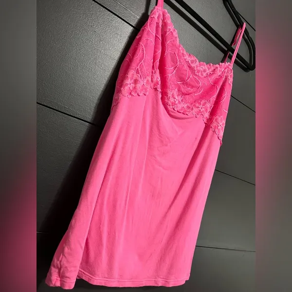 Y2K Hot Pink Slip Cami Tank Top Lace Adjustable Straps Women’s Sz L Vintage EUC - Image 2