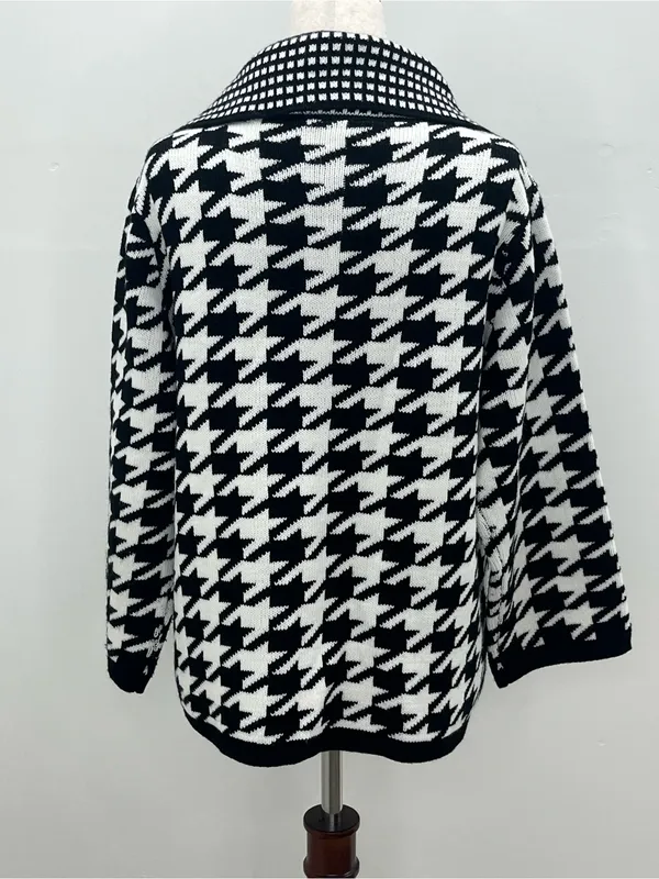 SIONI Black White Houndstooth Knit Wool Blend Cardigan Sweater Jacket Medium - Image 5