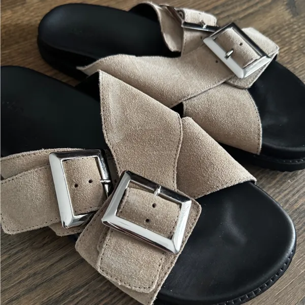 NA-KD Double silver buckle tan leather suede chunky comfy sandal slides size 7.5/EU 38 - Image 2