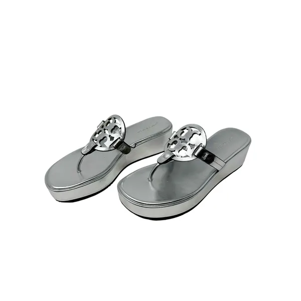 Tory Burch Miller Silver Metallic Leather Platform Wedge Sandals Logo Thong 7 - Image 4