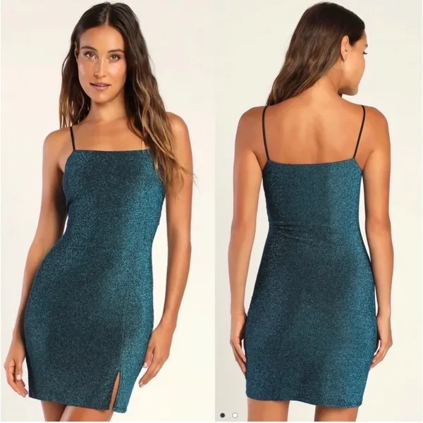 Lulus Blue Glitter Mini Dress Spaghetti Strap Square Neck NWT M Zipper‎ Broken - Image 2