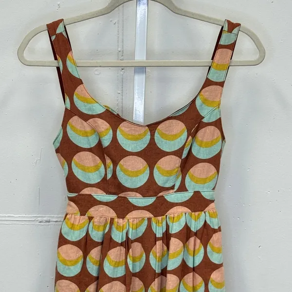 Judith March Brown Geometric Crescent Print Linen Blend Cutout Tie Back Dress S - Image 3