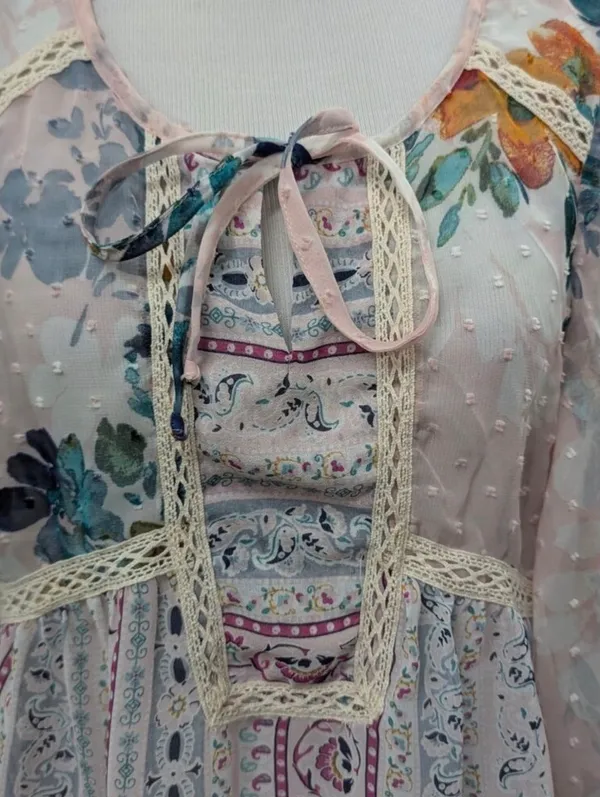 New Direction Boho Floral Sheer Blouse Medium Swiss Dot Lace Peasant Top - Image 6