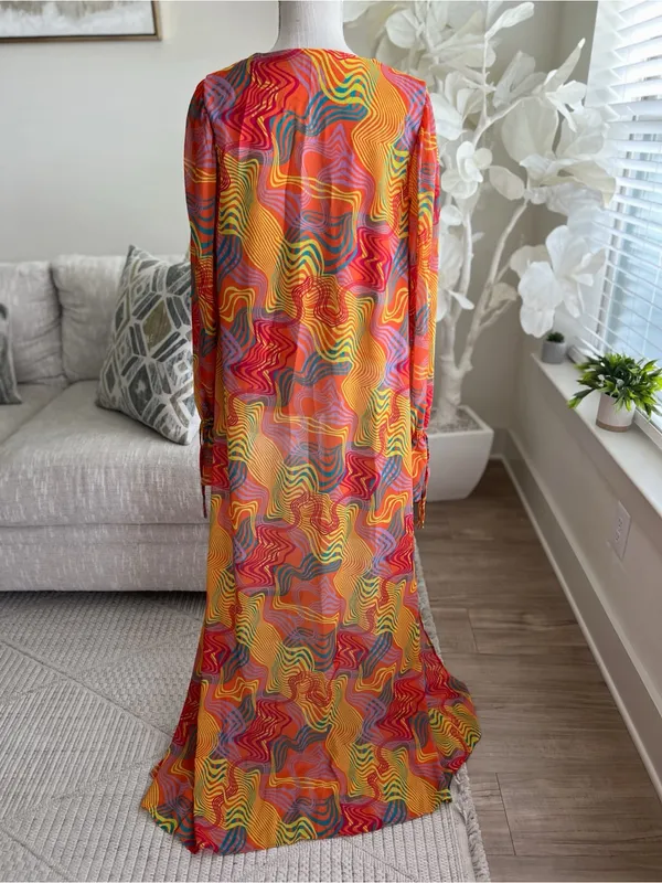 Bananhot Long Multi-Color Sheer Long Sleeve Cover-Up In Waves Size M/L - Image 8