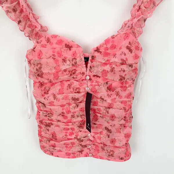 Lulus Flirtatious Sweetness Hot Pink Floral Ruched Ruffled Tank Top Small NWT - Image 5
