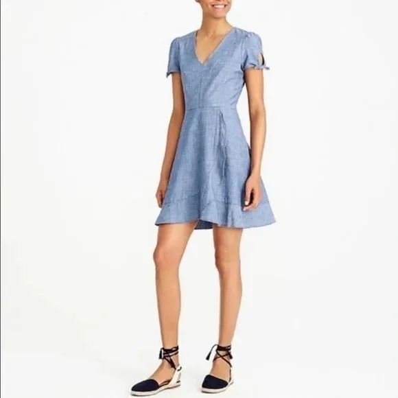 J. Crew Chambray Dress Womens‎ 2 Blue V-Neck Short Sleeve Tie Detail Casual Mini - Image 7