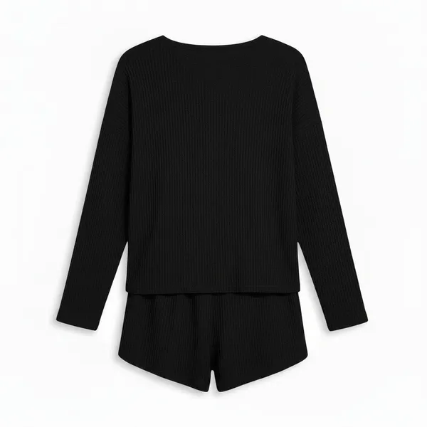 Fantaslook Womens Pajama Set Size L Black Waffle Knit Loungewear Top and Shorts - Image 2