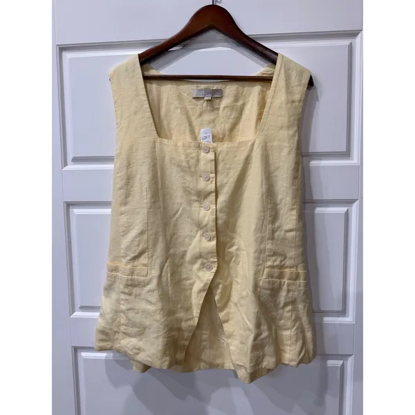 Loft Butter Yellow Linen Blend Button Front Vest Top XL Minimalist Coastal - Image 2