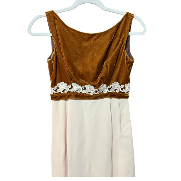Vintage 60s Bronze Velvet‎ Lace Trim Empire Waist Maxi Dress Cream Column - Image 9