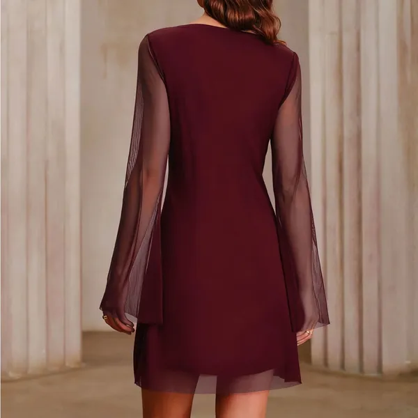 Rihoas Wine Red Boat Neck Mesh Mini Dress - Image 4
