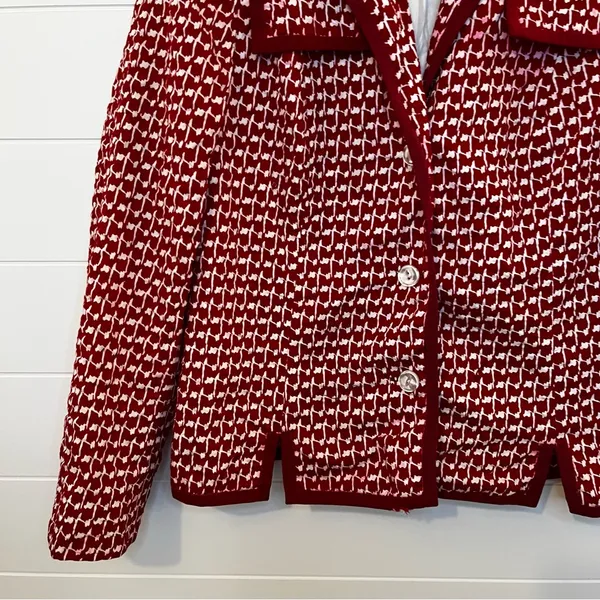 Women’s Red Patterned Women's Blazer Vintage Retro M-L Button Accents Handmade - Image 2