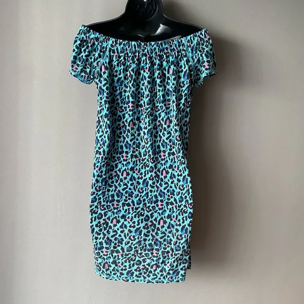 Vintage‎ Beach XS Teal Pink Leopard Off Shoulder Mini Dress Animal Print Summer - Image 9