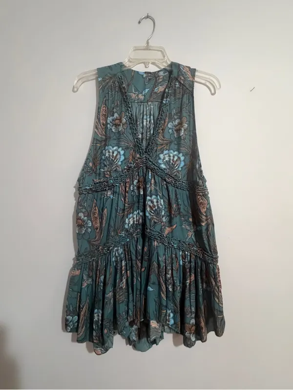 Free People Teal Floral Tiered Tunic- Small - Image 2