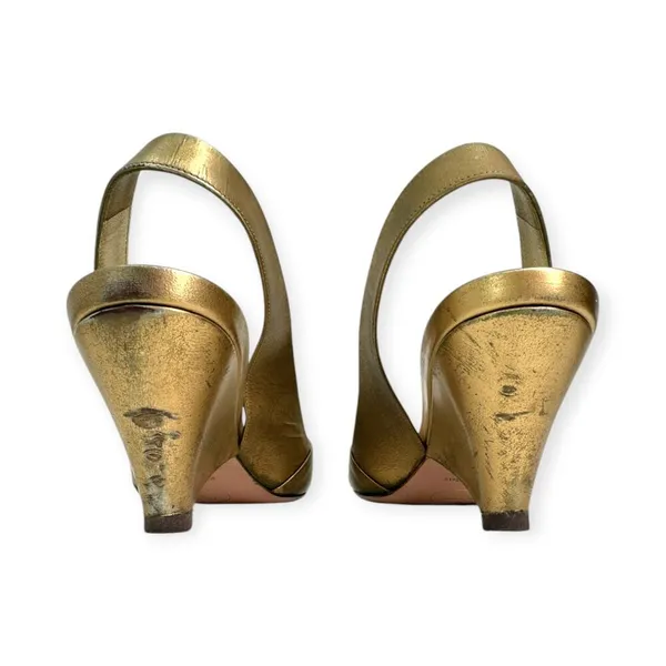 PRADA | US 8.5 / IT 38.5 | Metallic Gold Leather Peep-Toe Slingback Pumps - Image 8