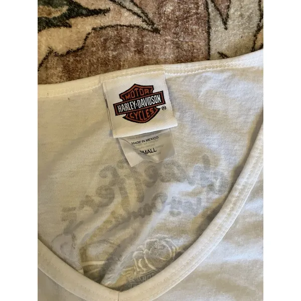 Harley Davidson White Tank Rhinestone Front Blue Trim Women's Small Schaefers PA - Image 5