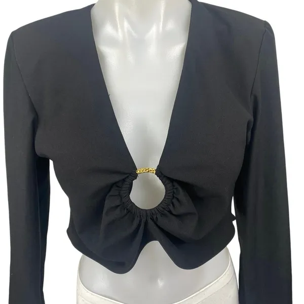 Zara Women's Black Long Sleeve Ring Deep V Neck Knit Blouse Crop Top Size M - Image 3