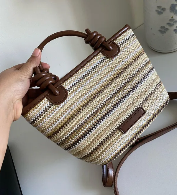 Women’s stylish beige brown handwoven Straw Fabric Tote crossbody shoulder Bag - Image 4