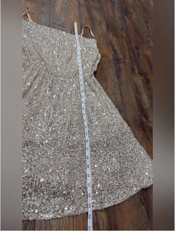SO Party Dress Champagne Sequins Spaghetti Strap, Size Medium, Dance Cocktail - Image 4