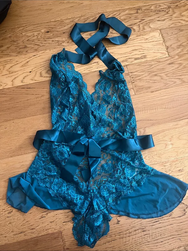 NEW - XL - AVIDLOVE - Teal Lace Halter Babydoll Teddy with Satin Bows - Image 3