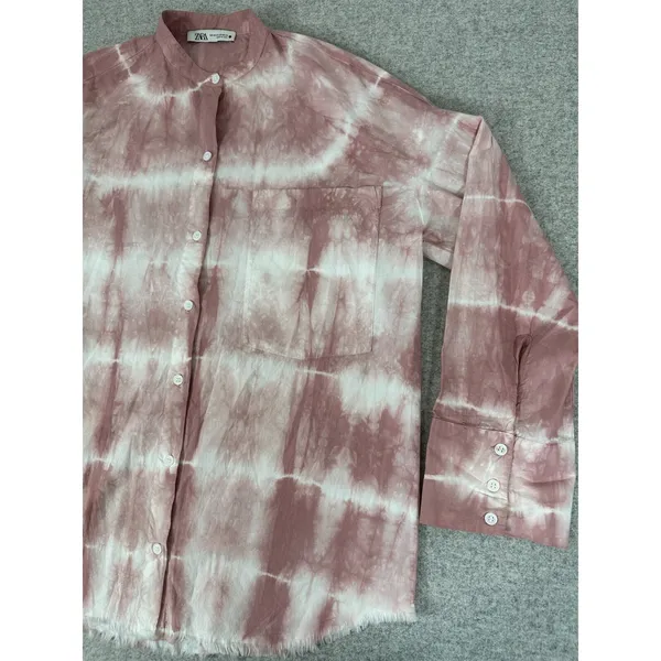 Zara Oversized XS Top Pink‎ White Tie Dye Button Down Long Sleeve Frayed Hem - Image 12