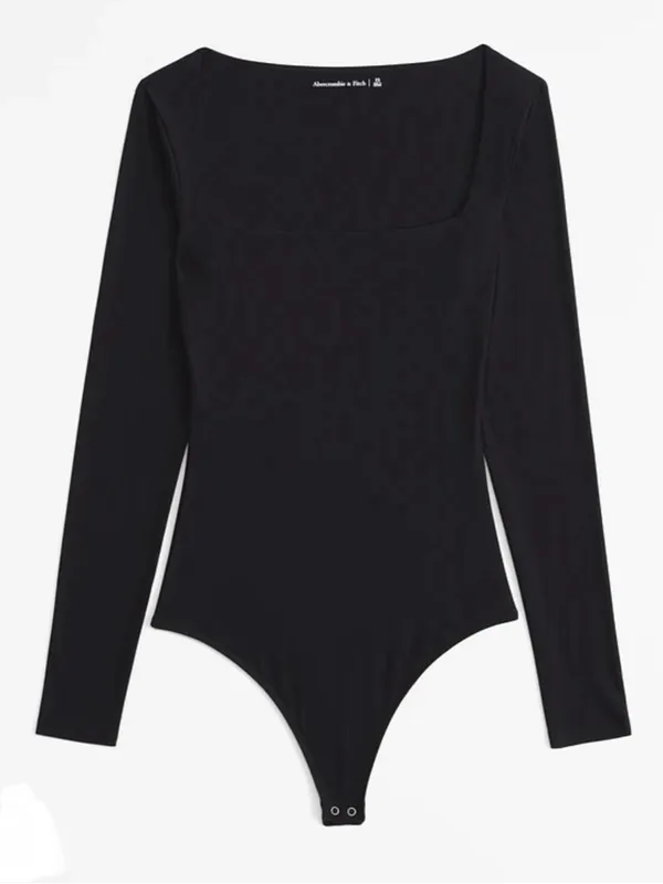 Abercrombie & Fitch Soft AF Long Sleeve Bodysuit XS Black Square Neck Thong - Image 2