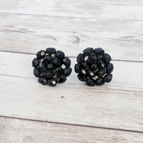 Vintage Screw Back Earrings Black Beads 7/8" - Image 3