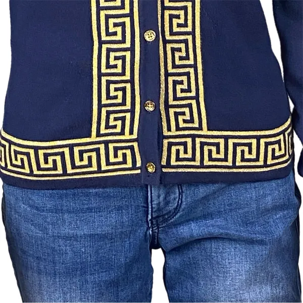 LILLY PULITZER Navy & Gold Greek Key Keane Cardigan Sweater Buttons Small - Image 4