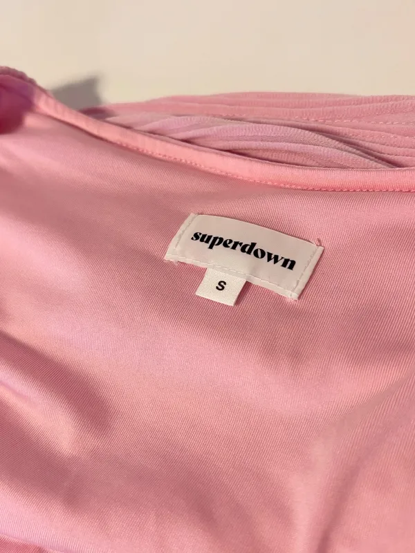 Superdown Open Front Tie Ribbed Textured Short Sleeve Crop Top Pink Womens Small - Image 6
